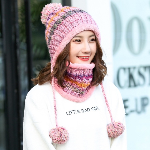 Accessories - Winter Colorful Knit Pom Pom Hat with Neck Gaiter